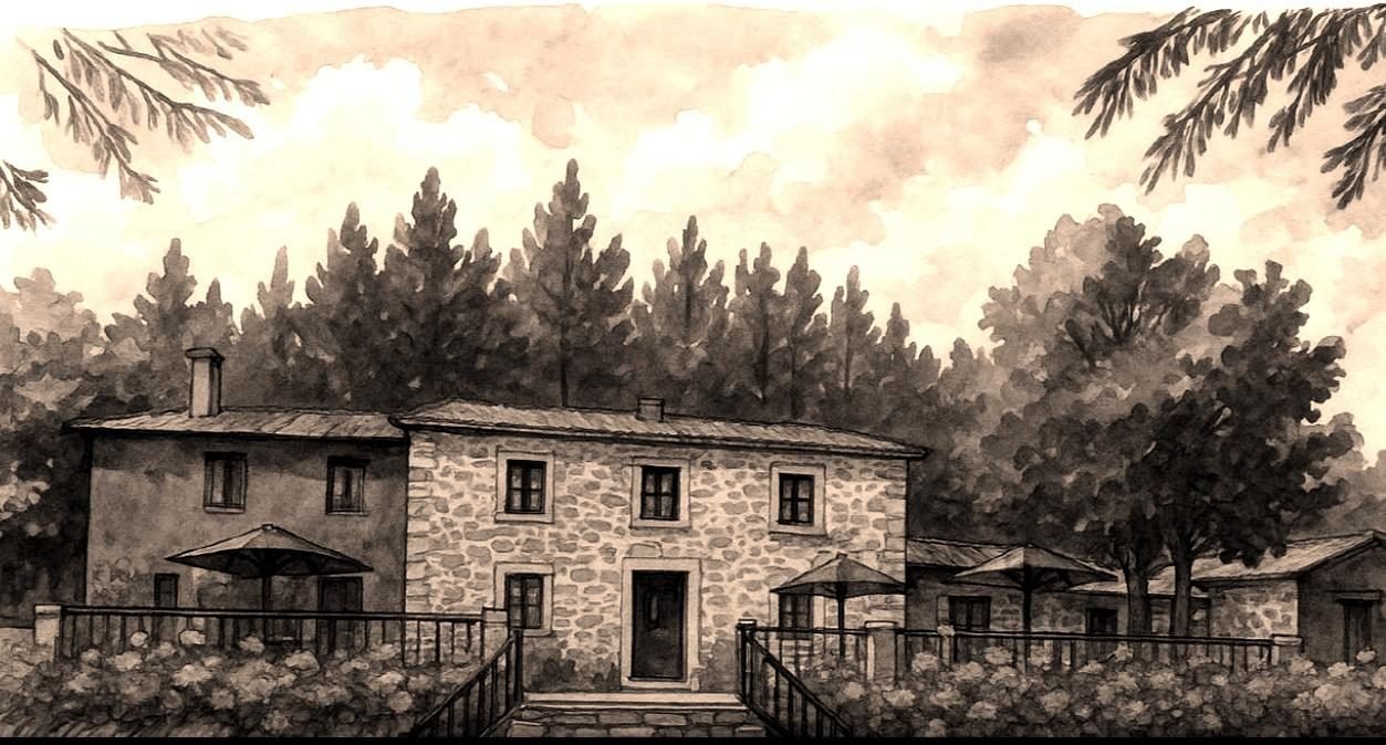 Grabado de la casa de piedra original de la finca